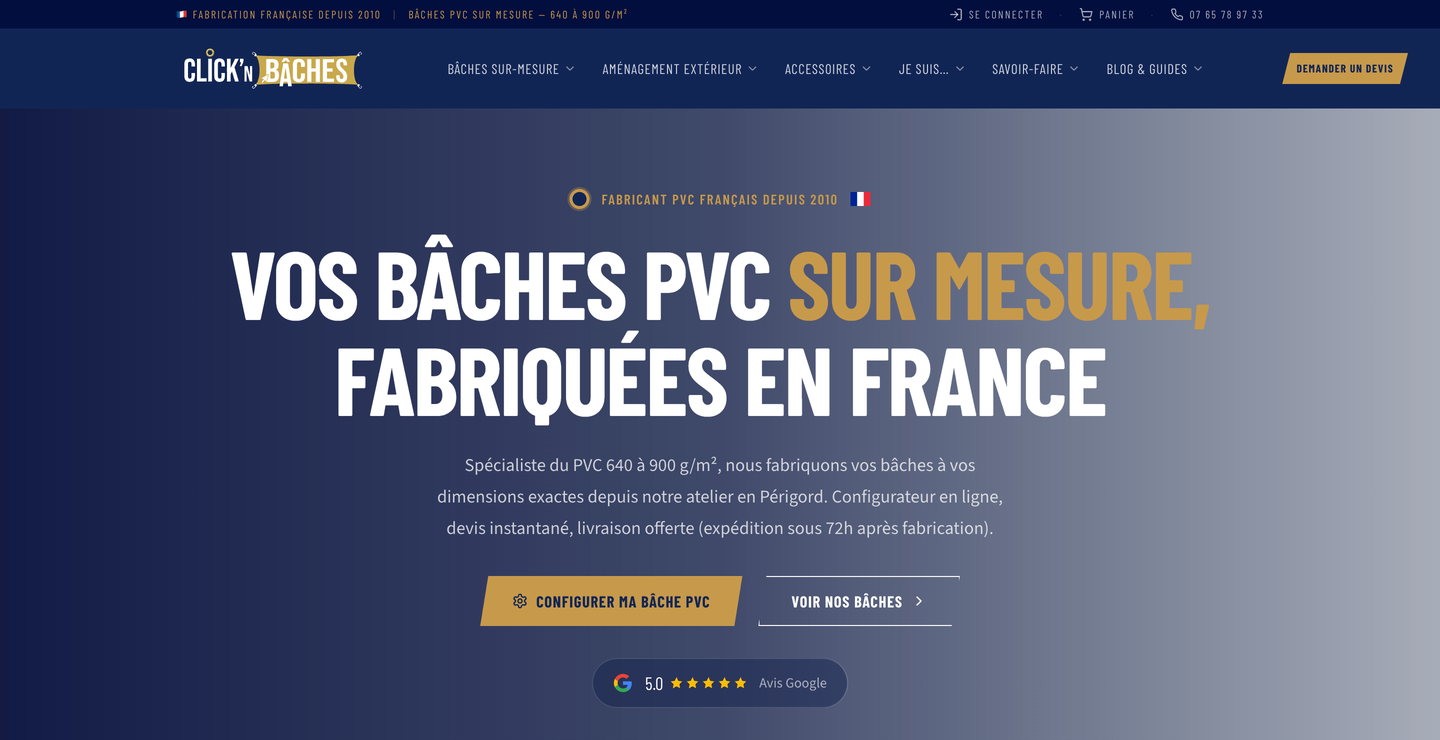Page d'accueil de Click'n Bâches après la refonte, en août 2026