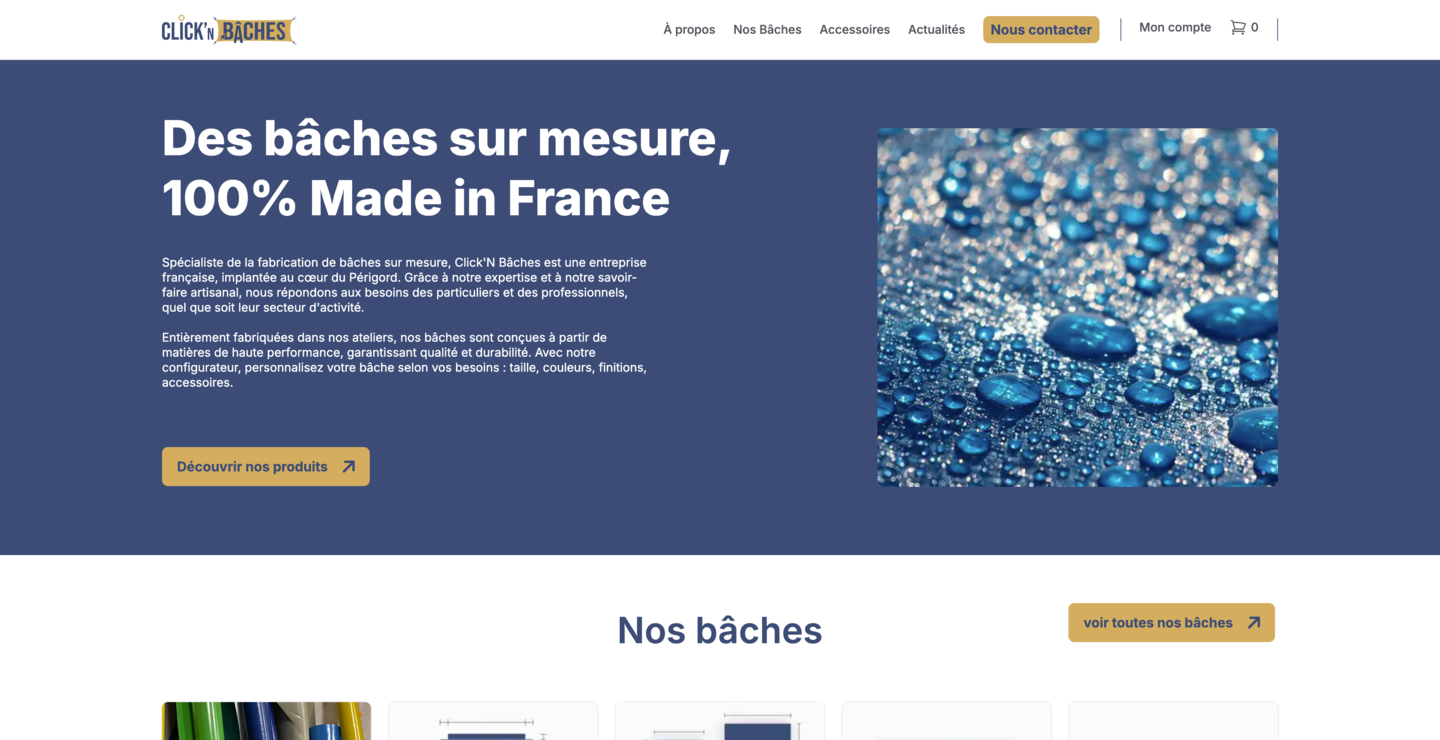 Page d'accueil de Click'n Bâches avant la refonte, capturée le 17 avril 2026