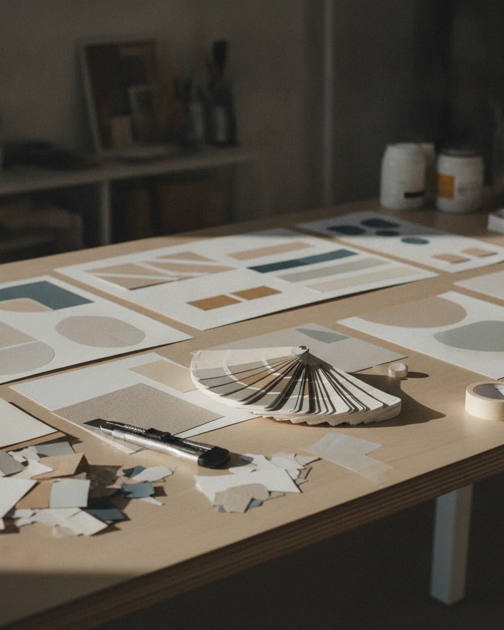 Table de studio créatif en fin de journée, planches imprimées et nuancier abandonnés