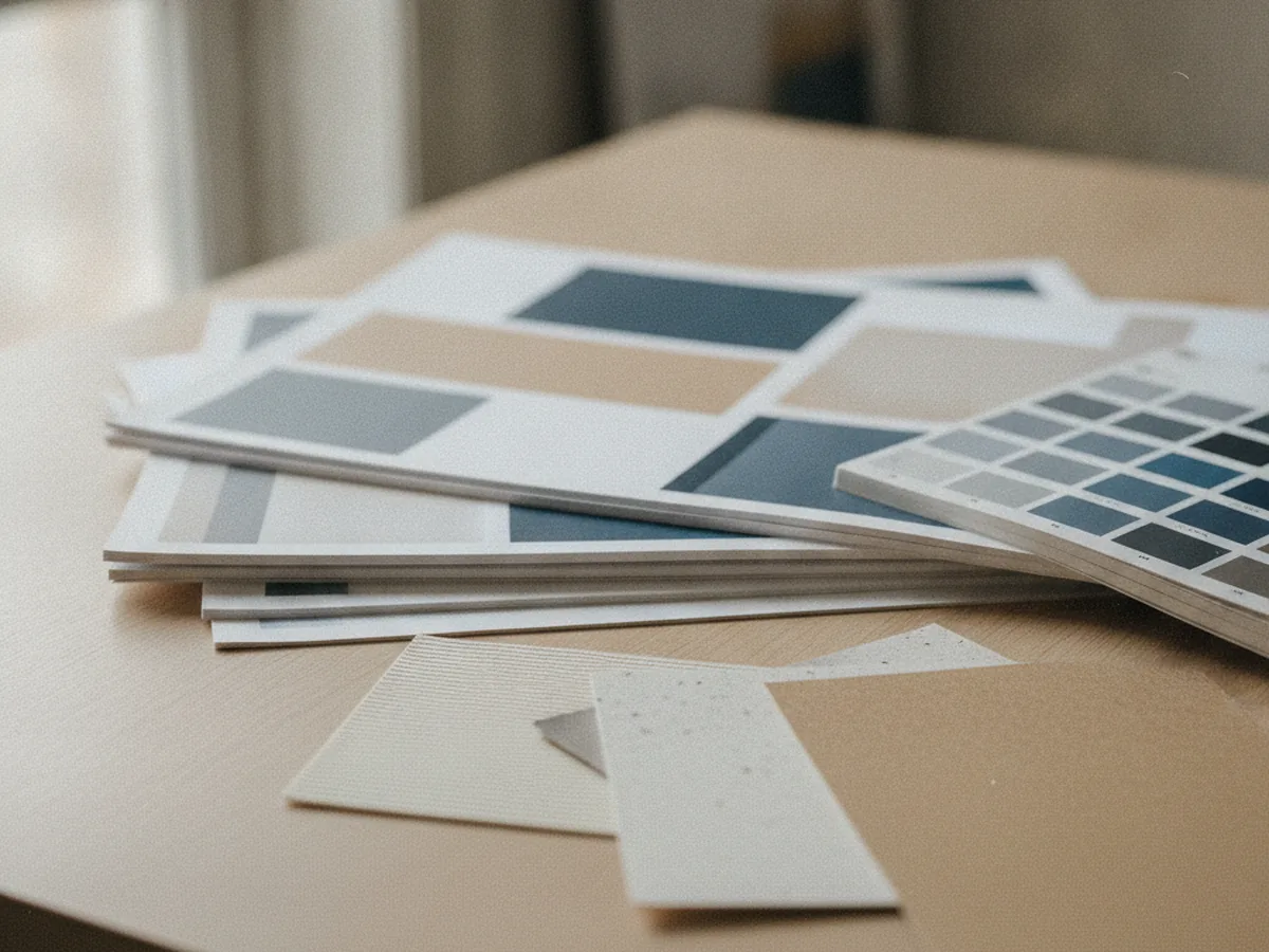 Planches imprimées et nuancier étalés sur une table de studio
