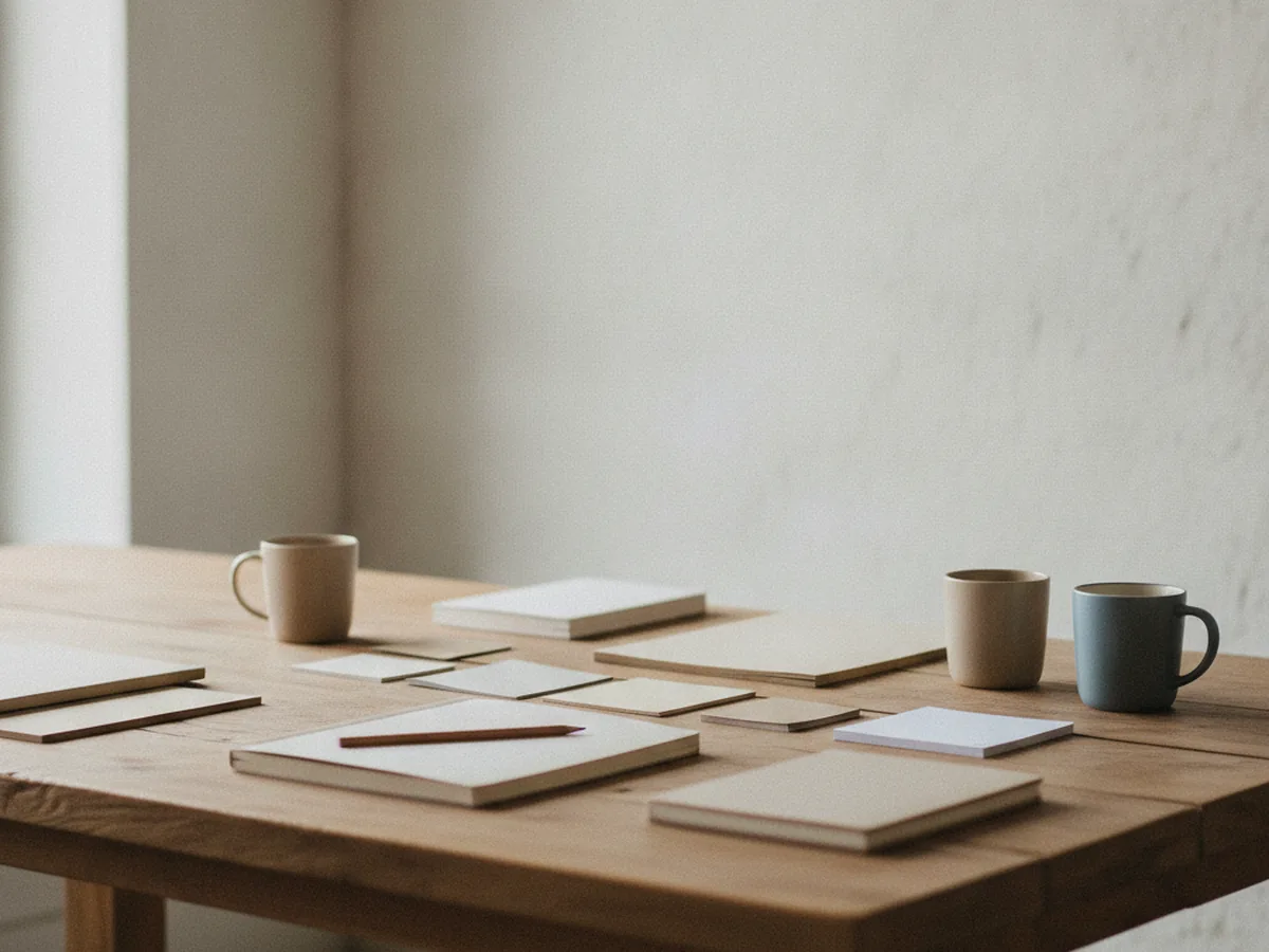 Table de réunion de studio avec carnets et échantillons papier
