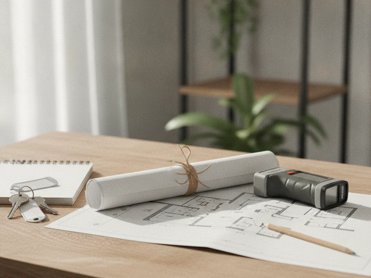 Bureau de négociateur immobilier avec plans et trousseau de clés