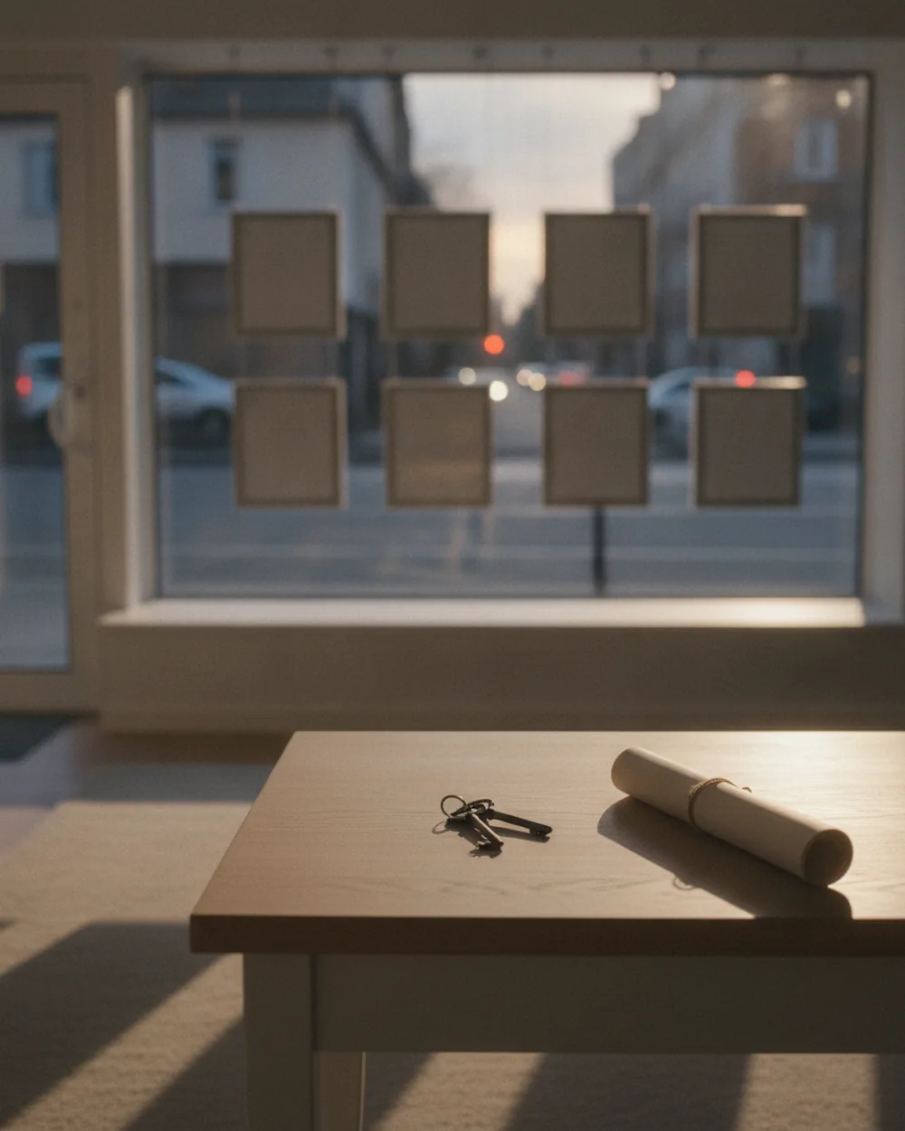 Vitrine d'agence immobilière vue de l'intérieur, bureaux vides en fin de journée