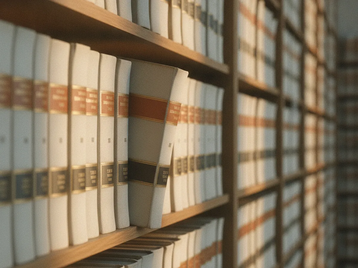 Rayonnage de recueils juridiques reliés dans une bibliothèque de cabinet