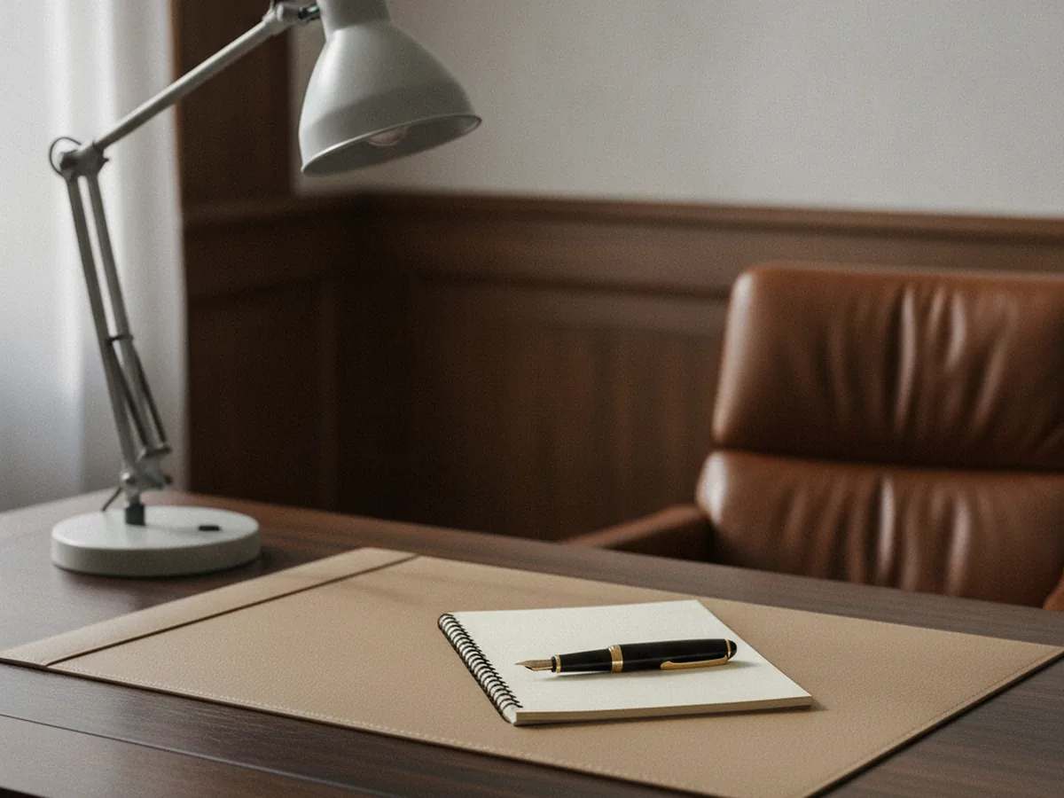 Bureau de cabinet d'avocats avec sous-main en cuir et stylo plume