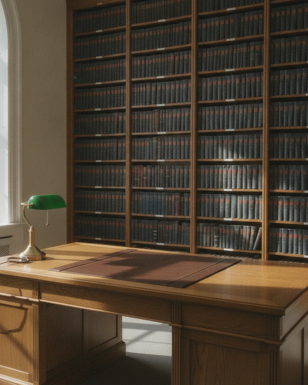 Bibliothèque de cabinet d'avocats, recueils reliés et table de travail vide