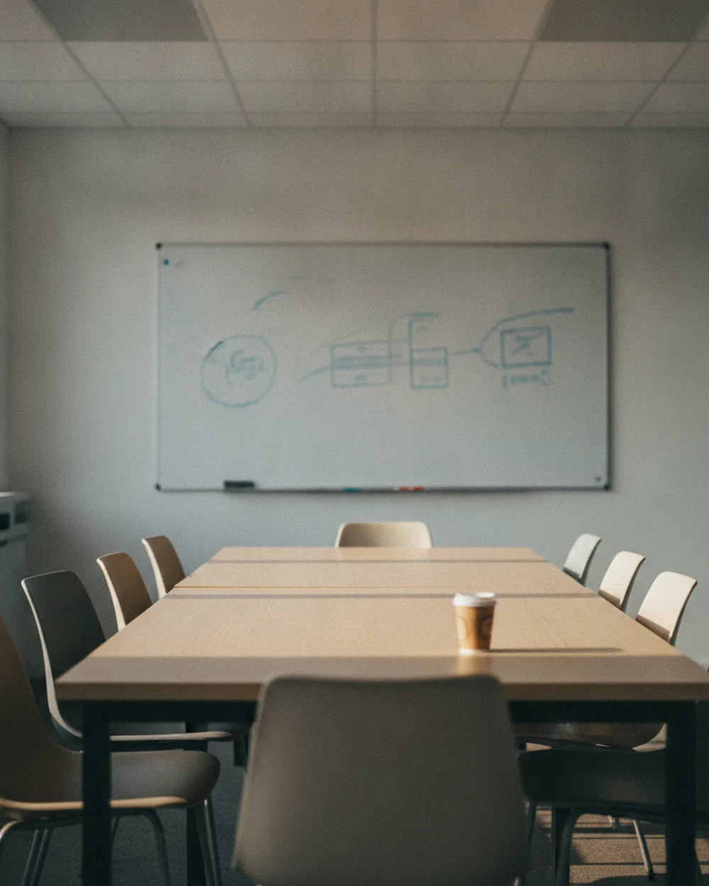 Salle de réunion d'éditeur logiciel, tableau blanc couvert de schémas effacés à moitié