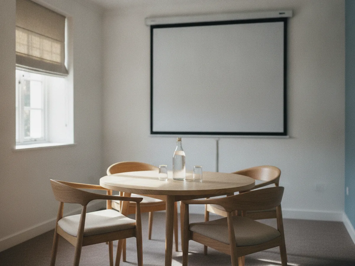 Petite salle de réunion vide avec écran de projection éteint