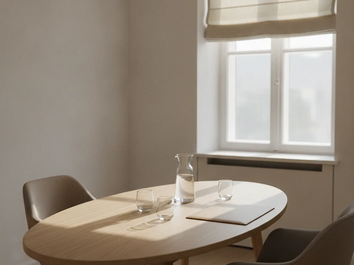 Table de réunion en bois clair dans un cabinet, deux chaises et une carafe d'eau