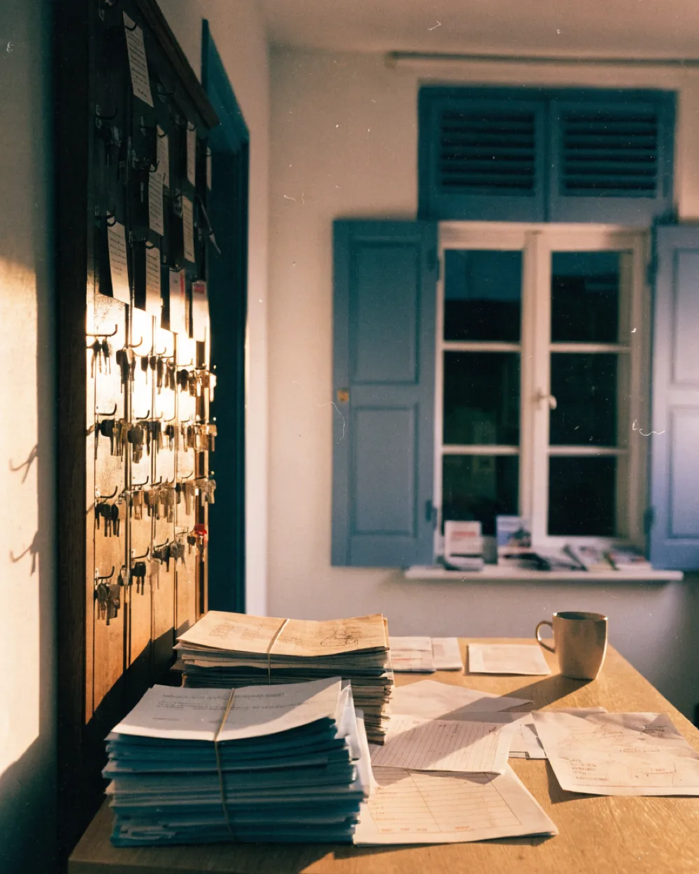 Bureau de cabinet de gestion locative en fin de journée, tableau de clés et classeurs de baux
