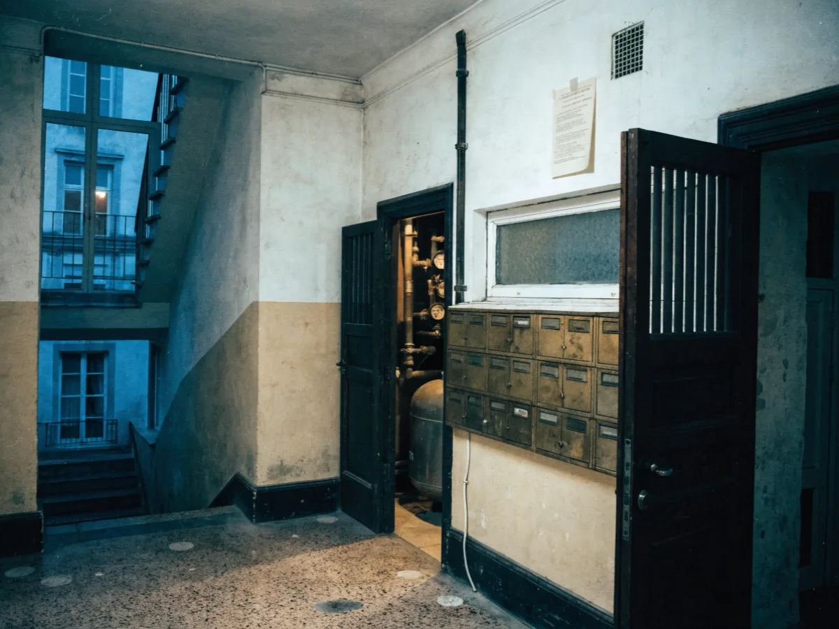 Hall d'immeuble ancien le soir, boîtes aux lettres en laiton et porte de local technique entrouverte