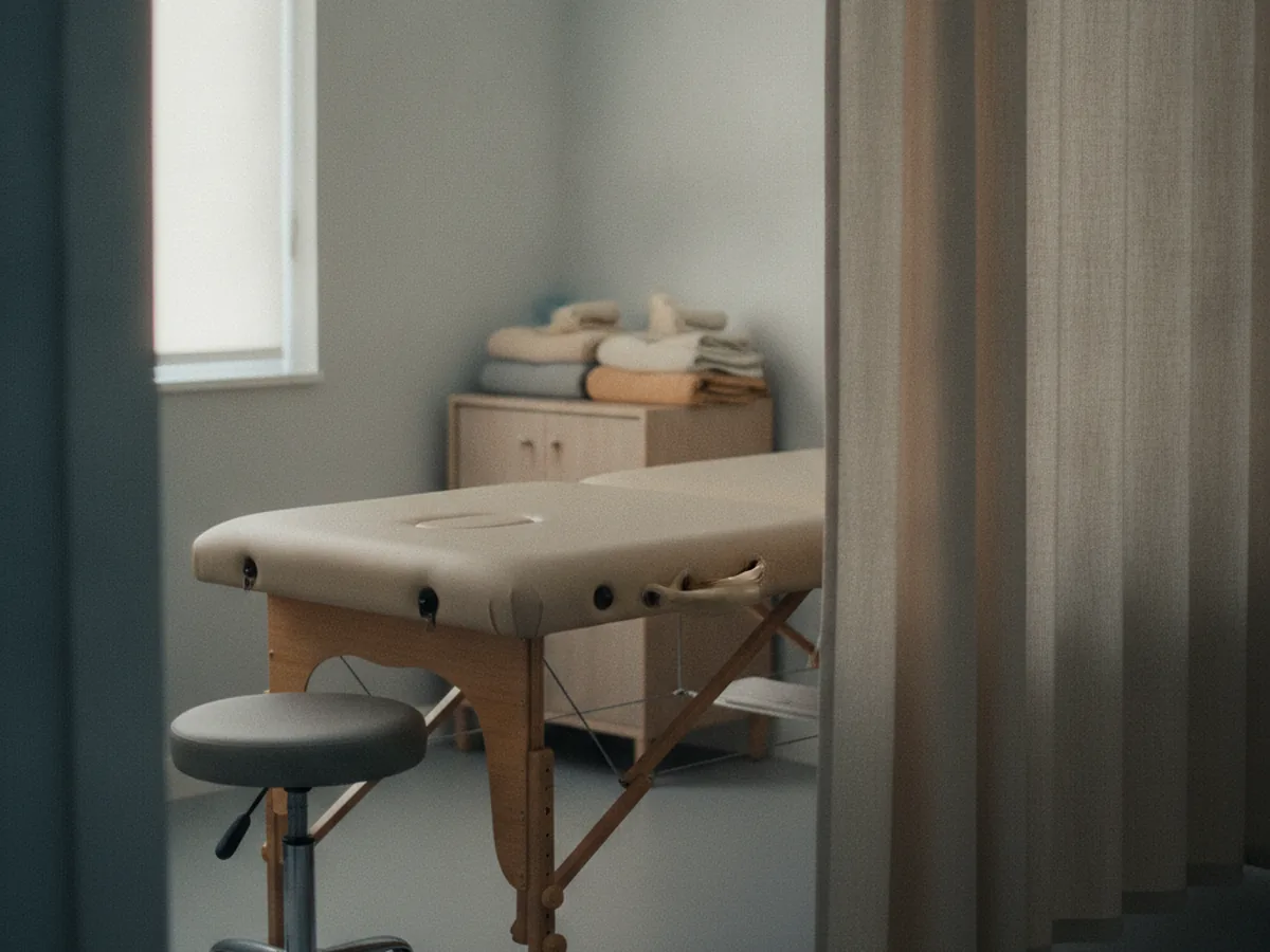 Cabinet de kinésithérapie avec table de massage et rideau de séparation