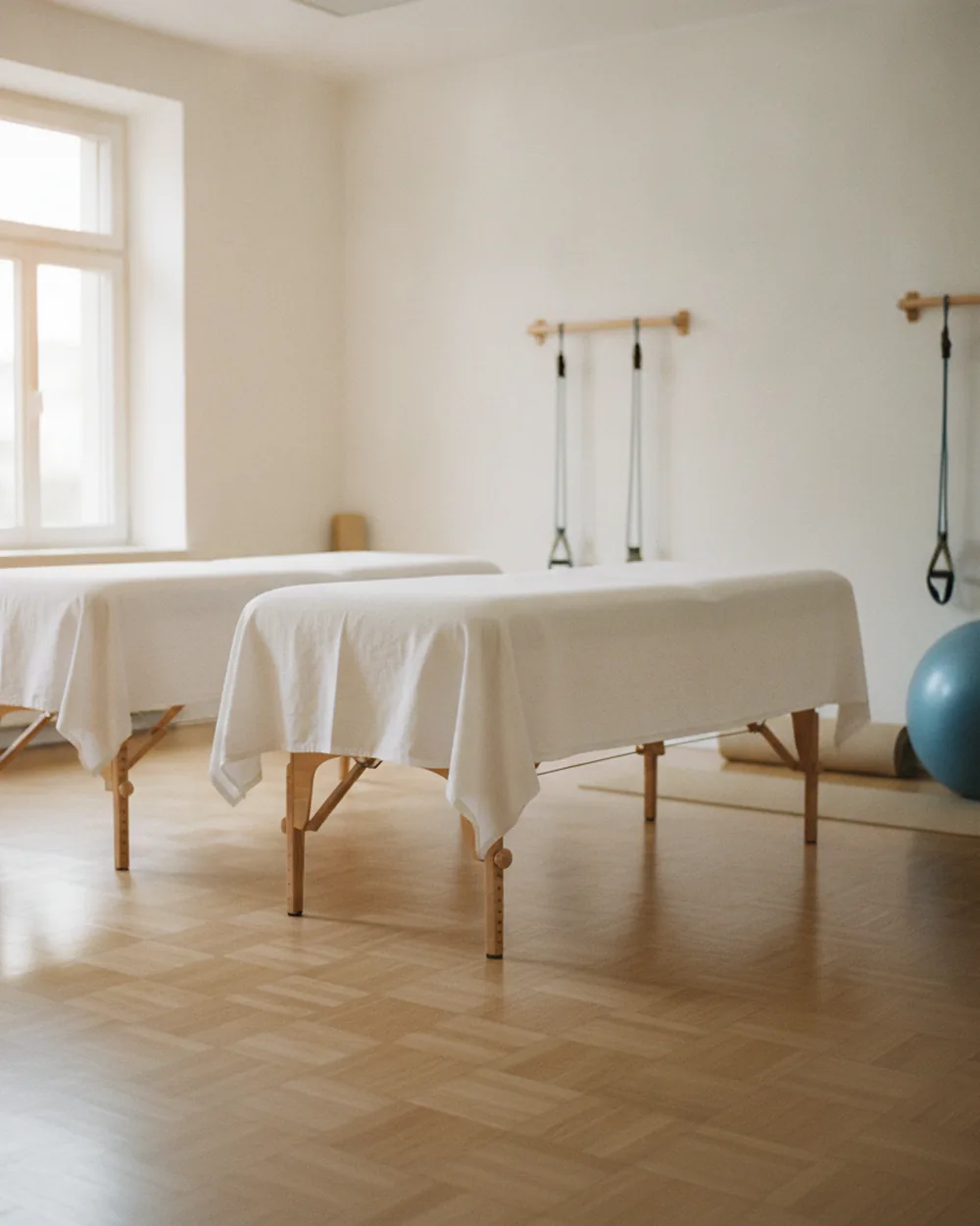 Salle de rééducation vide, tables de massage et matériel rangé le long du mur