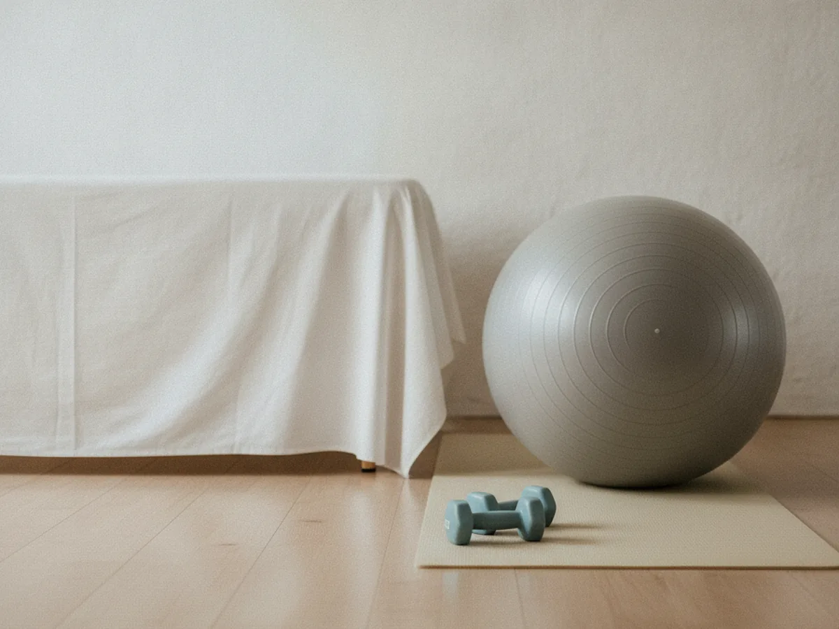 Table de rééducation et ballon de gymnastique dans une salle de soins claire