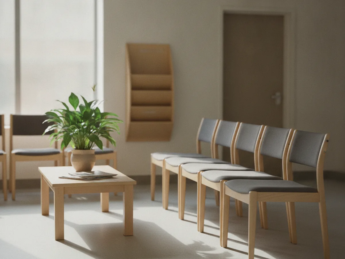 Salle d'attente de maison de santé avec sièges alignés et lumière naturelle