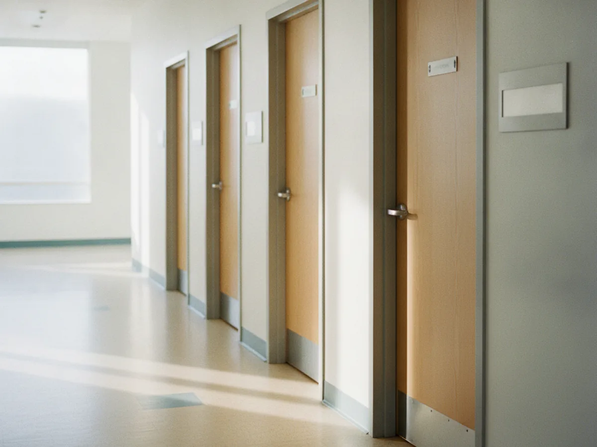 Couloir de maison de santé avec portes de cabinets alignées