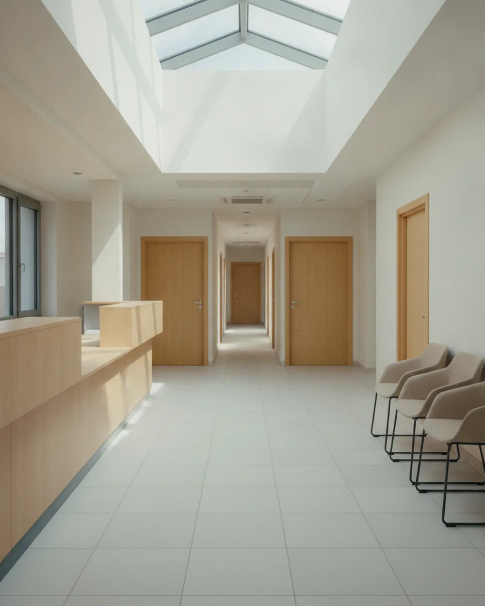 Hall d'accueil de maison de santé, banque vide et couloir vers les cabinets