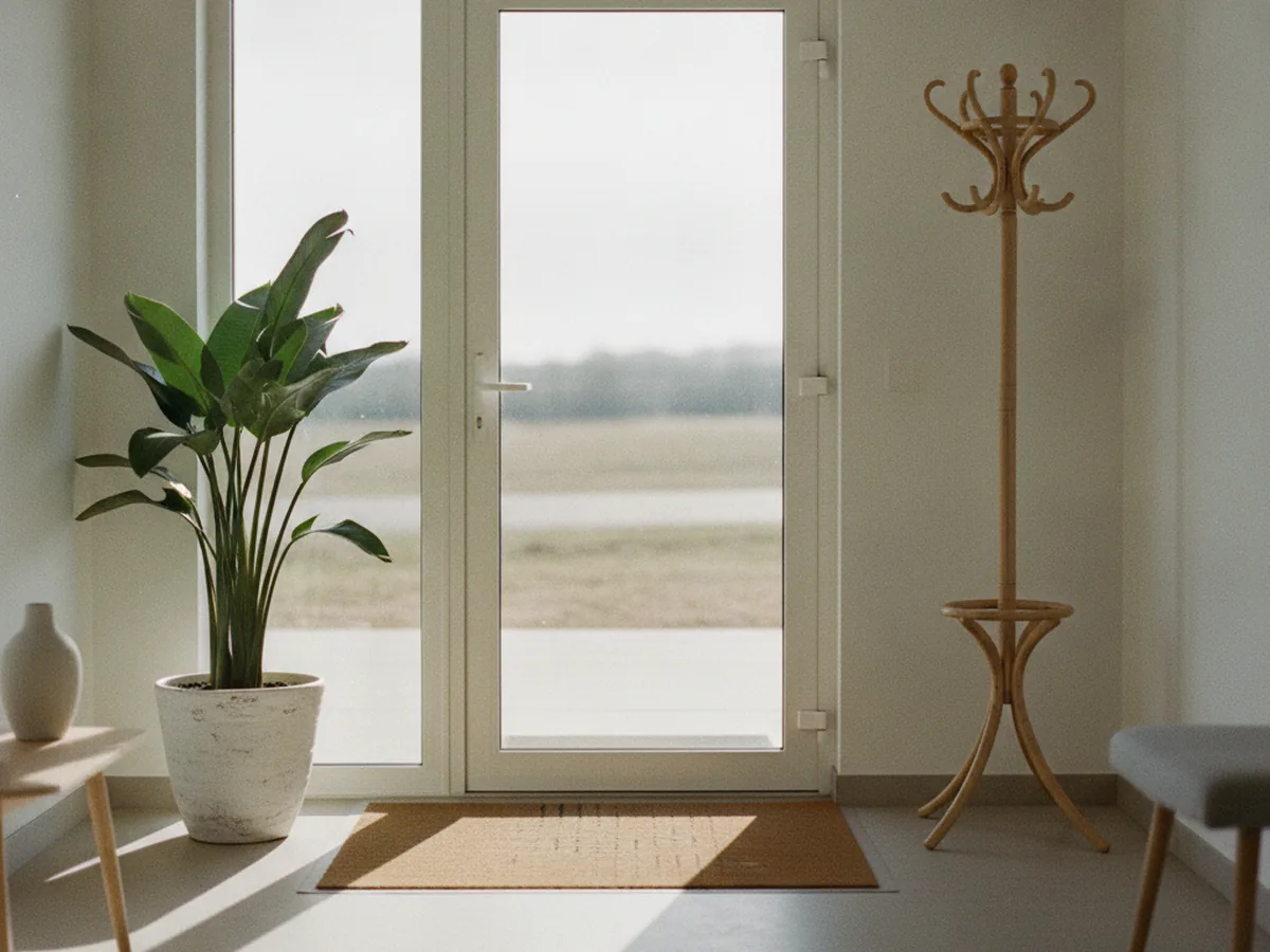 Entrée de cabinet paramédical avec porte vitrée et plante en pot