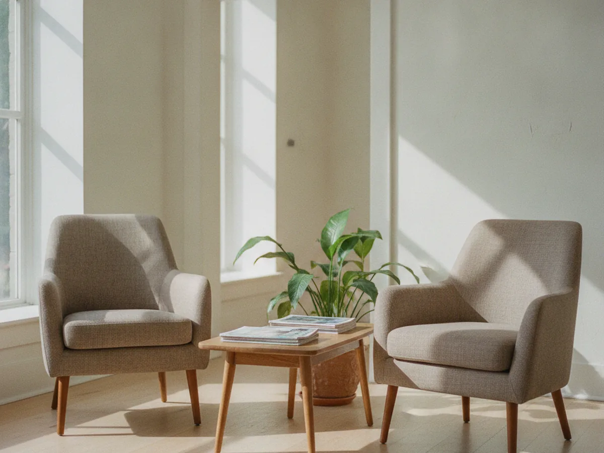 Petite salle d'attente avec deux fauteuils et une plante verte