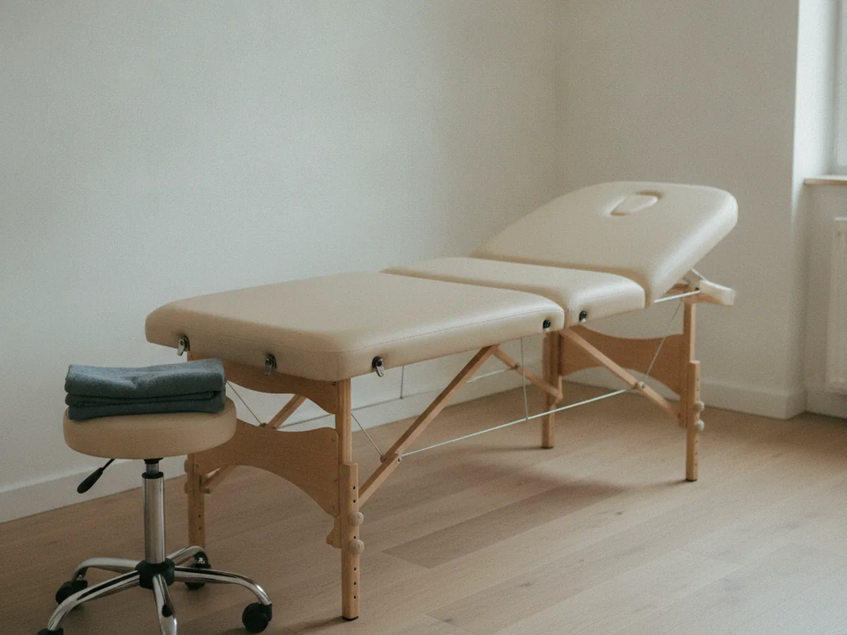 Table de soin d'ostéopathie dans une pièce claire au parquet clair