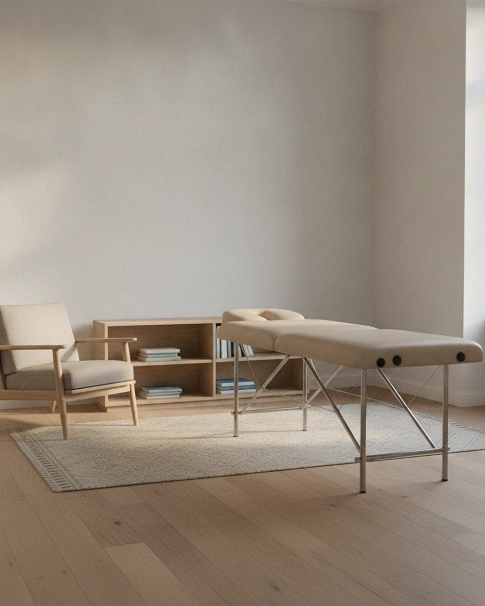 Cabinet d'ostéopathie vide, table de soin et fauteuil en lumière naturelle