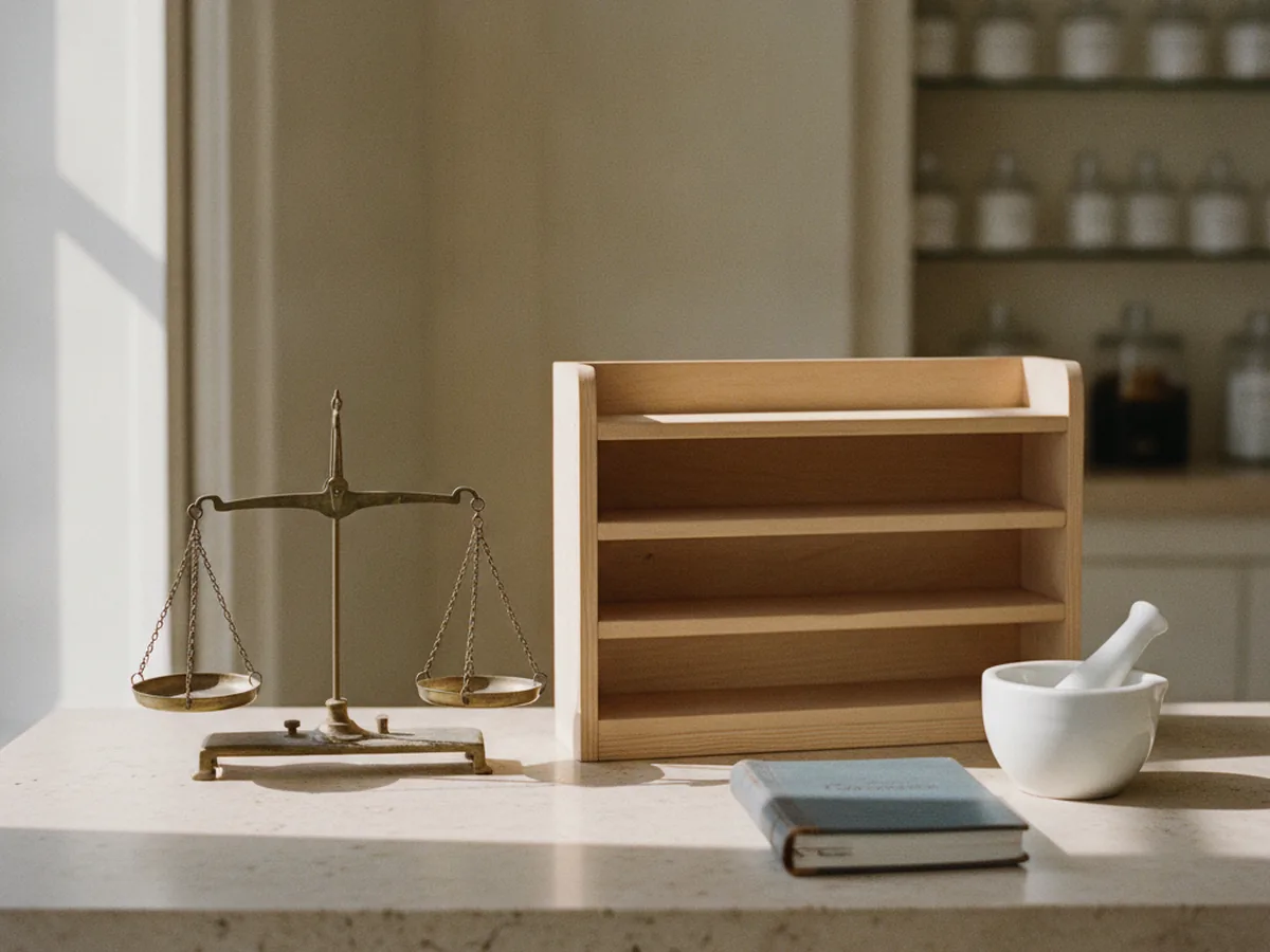 Comptoir d'officine avec balance et petit présentoir, sans personne