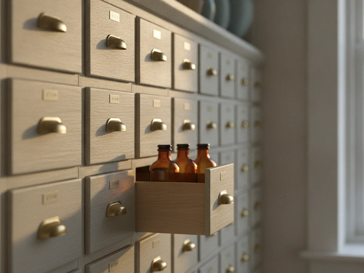 Tiroirs de rangement de préparations dans l'arrière-boutique d'une officine