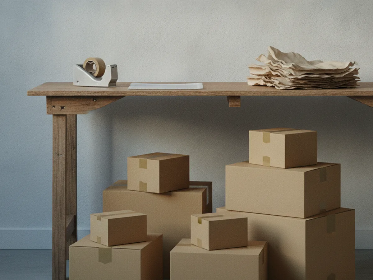 Cartons d'expédition empilés près d'une table d'emballage