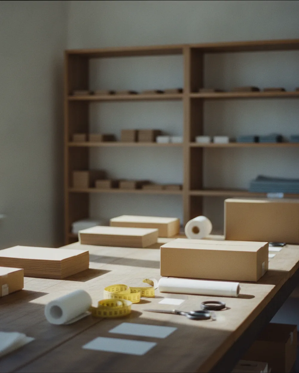 Atelier de préparation de commandes, cartons et étiquettes sur un plan de travail