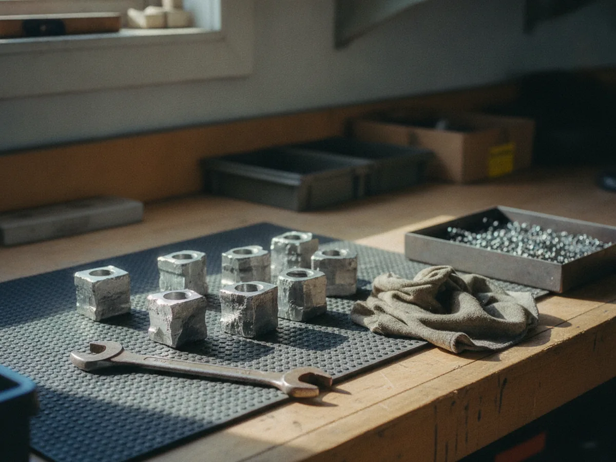 Pièces métalliques usinées posées sur un établi d'atelier
