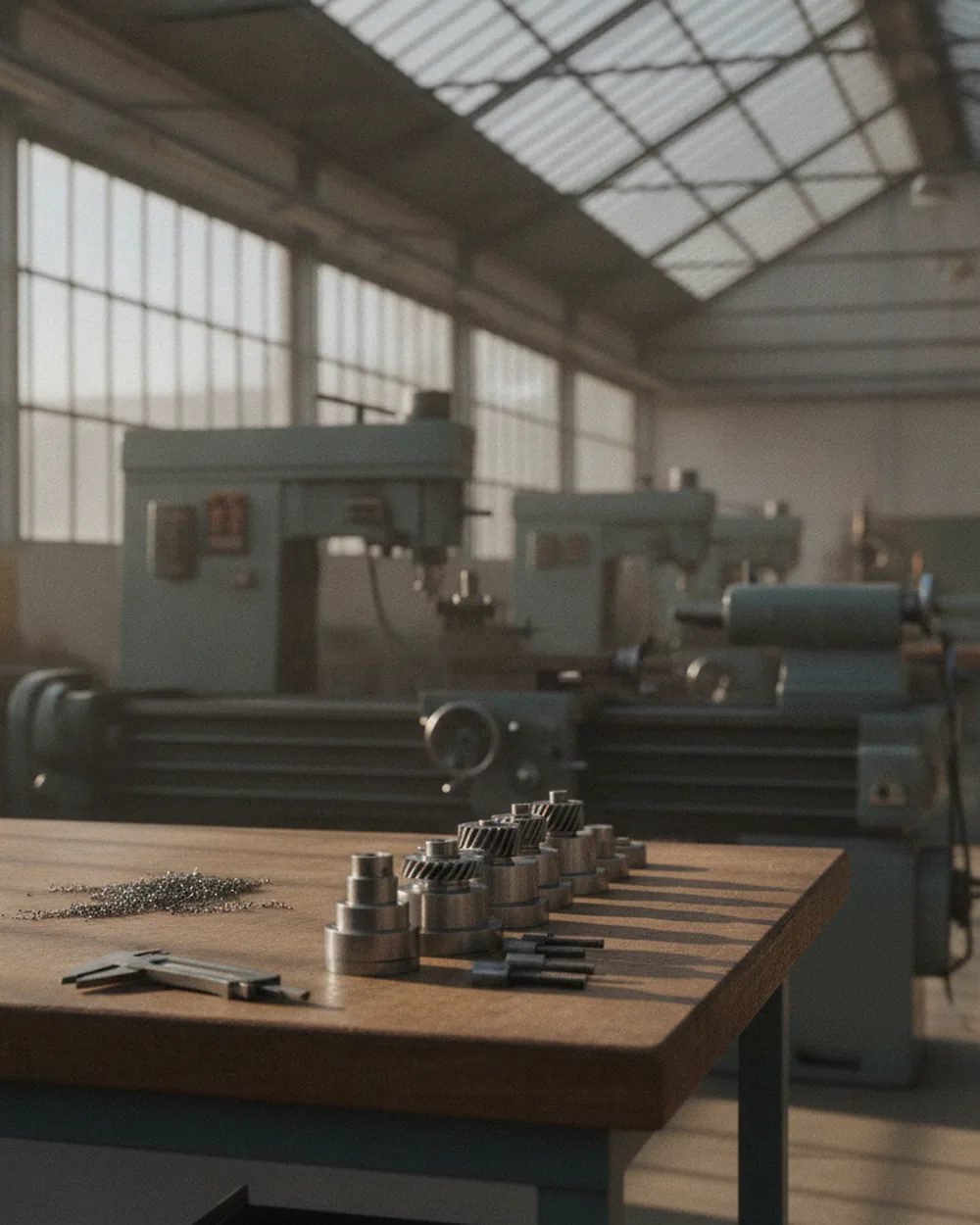 Atelier de mécanique de précision au repos, machines à l'arrêt en fin de poste