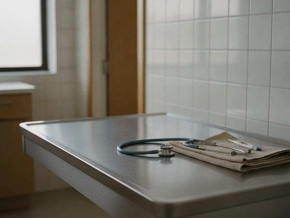 Table d'examen vétérinaire en inox avec stéthoscope posé