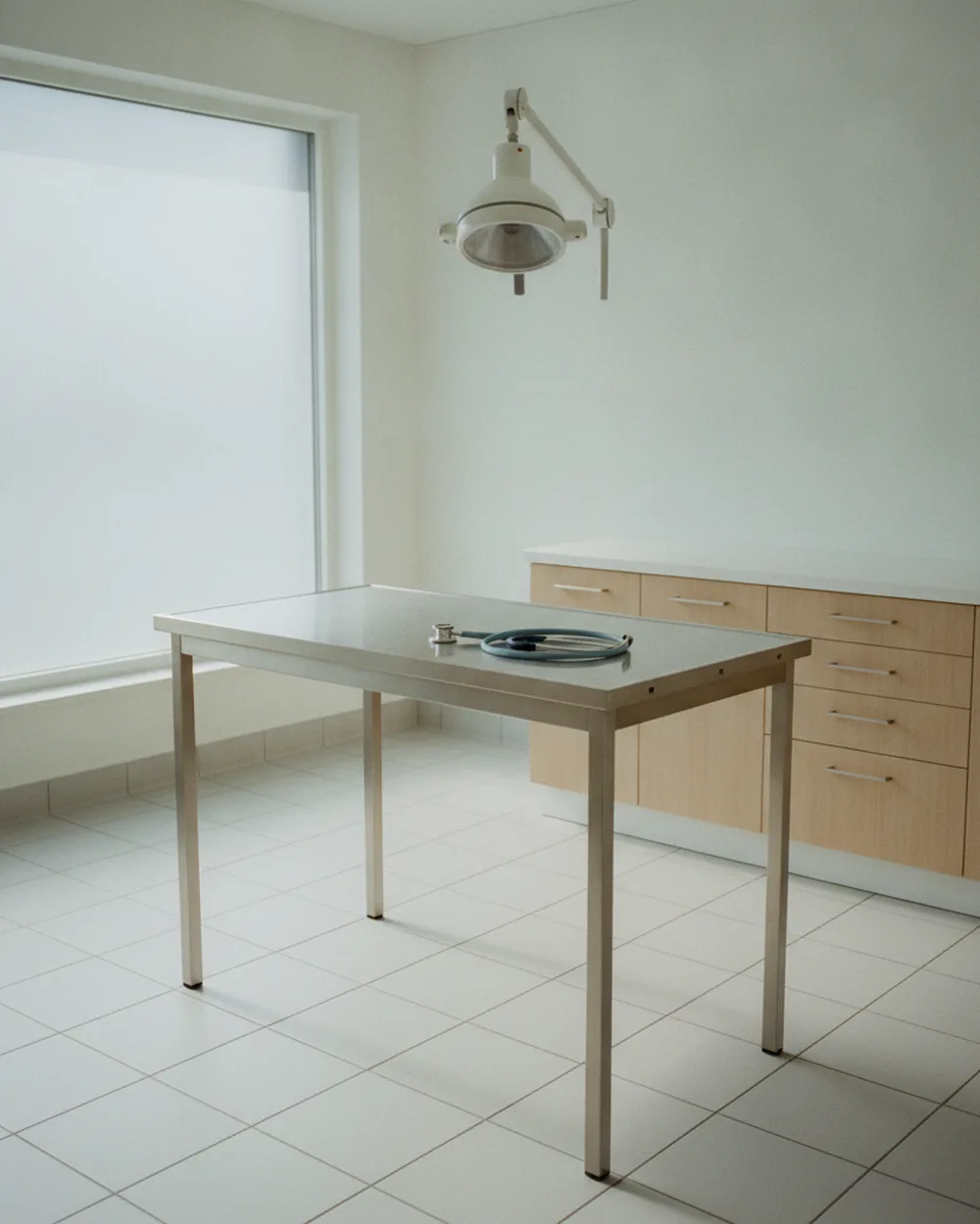 Salle de consultation vétérinaire vide, table d'examen en inox et lampe éteinte